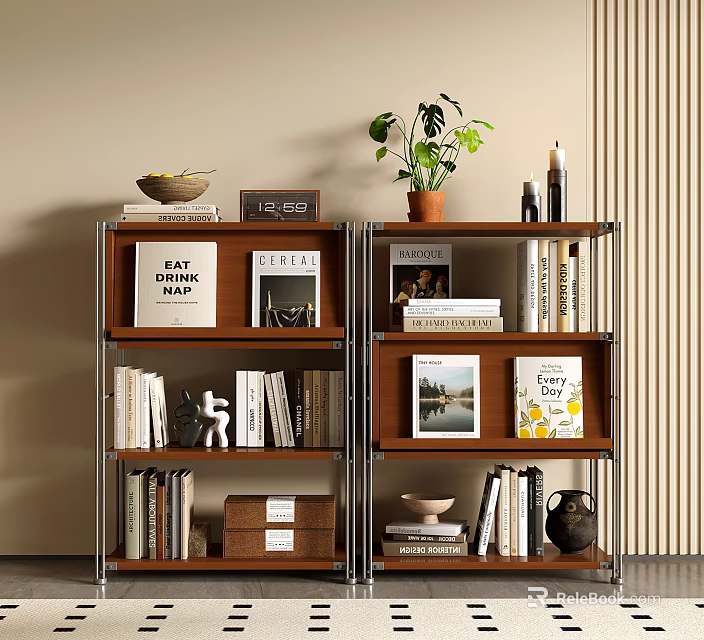 Modern Wooden and Metal Bookshelf with Books Decorative Items and Potted Plant in Living Room 3d model 