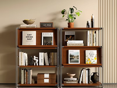 Modern Wooden and Metal Bookshelf with Books Decorative Items and Potted Plant in Living Room 3d model
