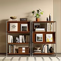Modern Wooden and Metal Bookshelf with Books Decorative Items and Potted Plant in Living Room