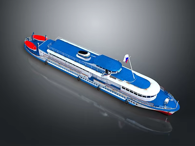 Blue And White Cruise Ship With Red Accents And Flag 3D Rendering 3d model