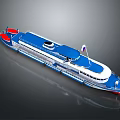 Blue And White Cruise Ship With Red Accents And Flag 3D Rendering