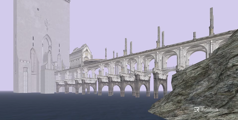 Historic Stone Bridge With Arches Connecting Ancient Buildings Over Water Near Rocky Terrain 3d model 