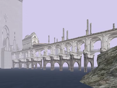 Historic Stone Bridge With Arches Connecting Ancient Buildings Over Water Near Rocky Terrain 3d model