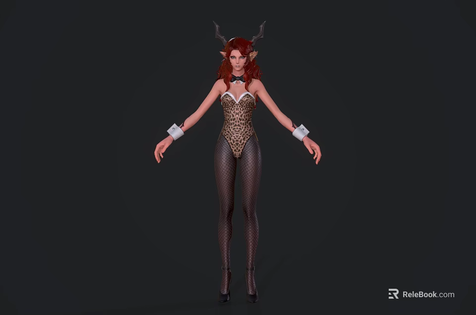 Game Movie Character With Red Hair Antlers Leopard Print Bodysuit And Fishnet Stockings Standing 3d model 