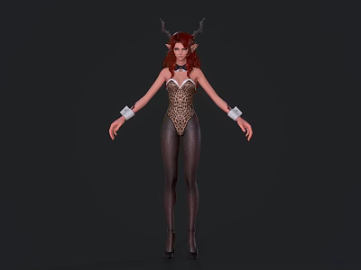 Game Movie Character With Red Hair Antlers Leopard Print Bodysuit And Fishnet Stockings Standing 3d model