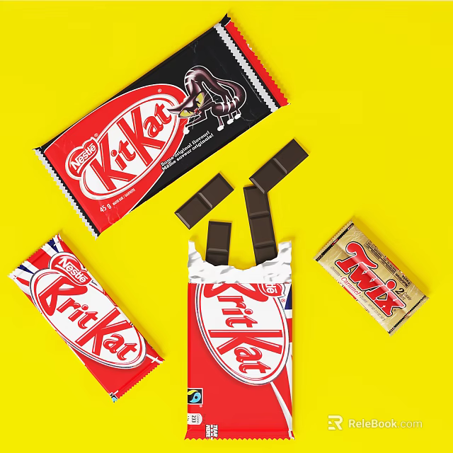 Assorted KitKat and Twix Chocolate Bars with Open and Closed Packaging on Yellow Background 3d model 