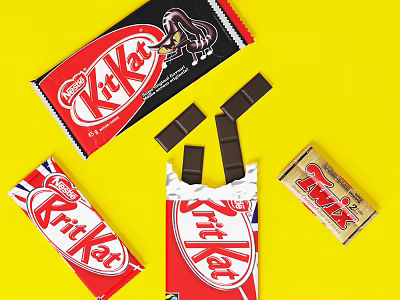 Assorted KitKat and Twix Chocolate Bars with Open and Closed Packaging on Yellow Background 3d model