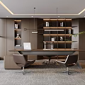 Modern Office Interior Design With Dark Wood Shelves Books Large Desk And Chairs