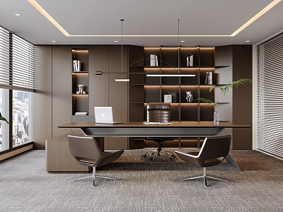 Modern Office Interior Design With Dark Wood Shelves Books Large Desk And Chairs 3d model