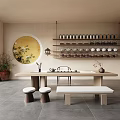 Traditional Chinese Tea Room Interior With Round Painting Shelves And Plants