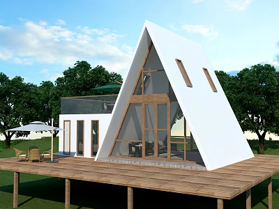 Modern A-Frame Guesthouse With White Exterior Wooden Deck Surrounded By Green Trees And Lawn 3d model