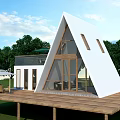 Modern A-Frame Guesthouse With White Exterior Wooden Deck Surrounded By Green Trees And Lawn