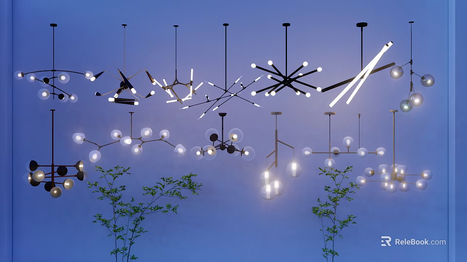 Stylish Modern Pendant Lights With Various Designs And Bulbs On Blue Background With Green Plants 3d model 