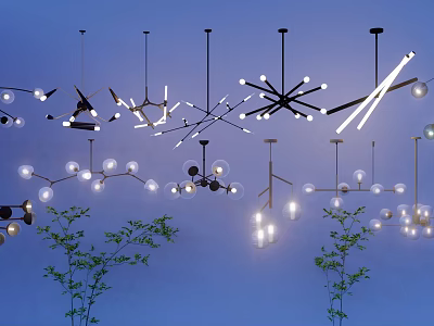 Stylish Modern Pendant Lights With Various Designs And Bulbs On Blue Background With Green Plants 3d model