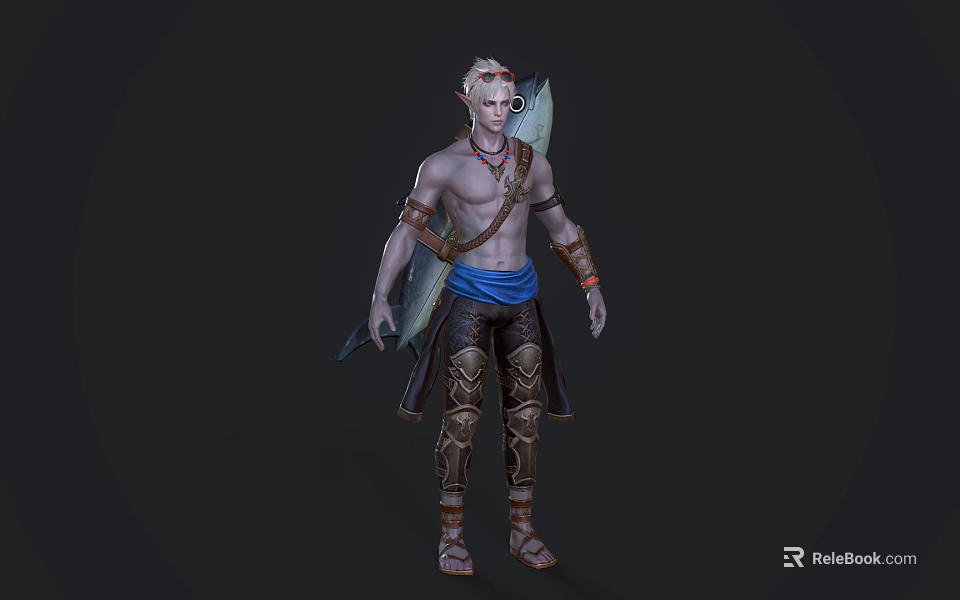 Shirtless Man With Light Hair Carrying Surfboard Over Shoulder Wearing Blue Loincloth Leg Armor Sandals 3d model 