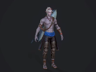 Shirtless Man With Light Hair Carrying Surfboard Over Shoulder Wearing Blue Loincloth Leg Armor Sandals 3d model