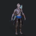 Shirtless Man With Light Hair Carrying Surfboard Over Shoulder Wearing Blue Loincloth Leg Armor Sandals