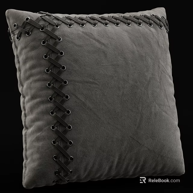 Stylish Gray Pillow with Crisscross Black Laces and Soft Fabric Design 3d model 