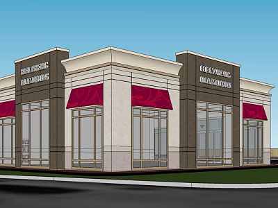 Contemporary Commercial Building Exterior With Red Awnings Glass Windows And Store Signs 3d model