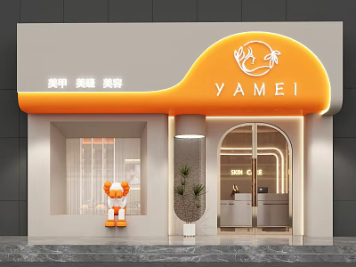 YAMEI Beauty Storefront with Modern Orange Curved Signboard Glass Door and Cartoon Doll Decor 3d model