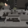 Modern Living Room Sofa and Coffee Table Set with Black Armchair Floor Lamp and Fireplace