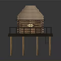 Elevated Wooden Log Cabin Structure With Deck Railing Sloped Roof And Lit Windows