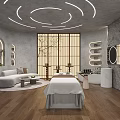 Relaxing SPA Sauna Interior With Treatment Bed Wooden Floor Circular Ceiling Lights And Stone Wall