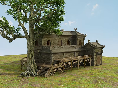 Traditional Chinese Ancient Building With Large Tree Wooden Structure Stone Steps And Grassland 3d model