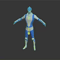 Blue Helmet Character In White Blue Costume With Mythical Creature Companion