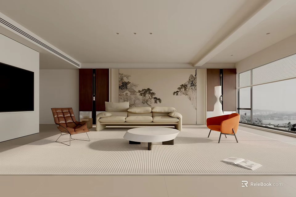 Modern Living Room Interior With Beige Sofa Round Coffee Table Accent Chairs And Decorative Painting 3d model 