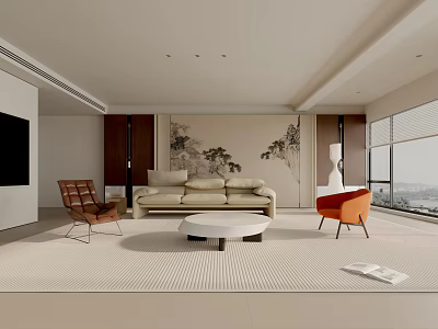 Modern Living Room Interior With Beige Sofa Round Coffee Table Accent Chairs And Decorative Painting 3d model