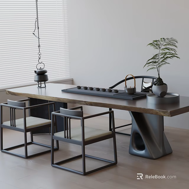 Modern Tea Room Interior With Wooden Table Chairs Tea Set And Potted Plant 3d model 