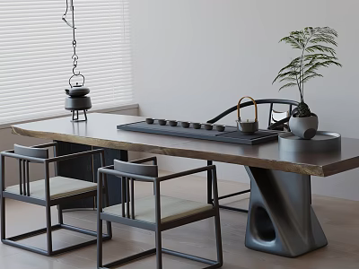 Modern Tea Room Interior With Wooden Table Chairs Tea Set And Potted Plant 3d model