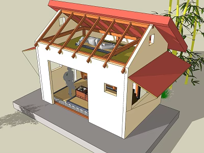 Small House With Red Roof Wooden Beams White Walls And Bamboo Beside 3d model
