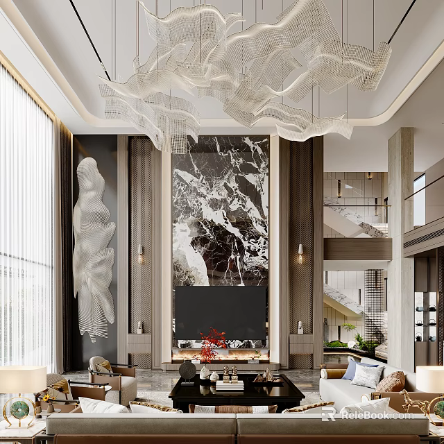Luxurious Duplex Living Room With Art Decor And Chandelier 3d model 