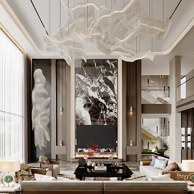 Luxurious Duplex Living Room With Art Decor And Chandelier 3d model