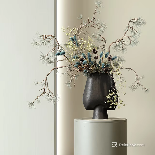 Black Human Head Shaped Vase With Dried Branches Pinecones Blue Flowers On White Cylindrical Pedestal 3d model 