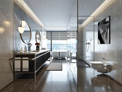 Modern Bathroom Interior With Marble Walls Double Vanity Round Mirrors Glass Shower And Bathtub 3d model