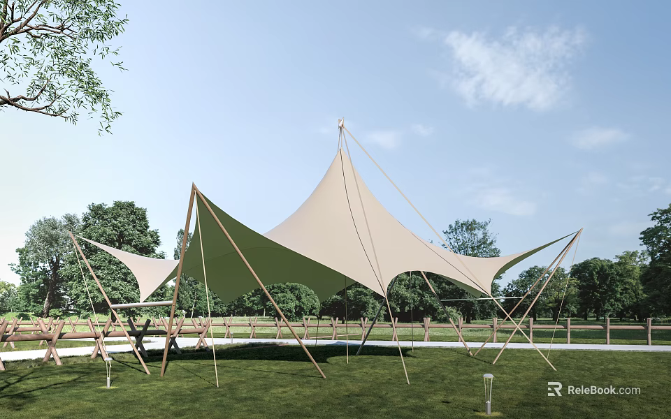 Outdoor Tensile Membrane Roof Structures In Park With Green Lawn And Trees 3d model 