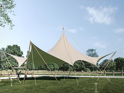 Outdoor Tensile Membrane Roof Structures In Park With Green Lawn And Trees 3d model
