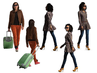 Woman in Brown Jacket Plaid Dress High Heels Pulling Green Luggage Walking from Different Angles 3d model