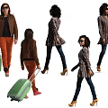 Woman in Brown Jacket Plaid Dress High Heels Pulling Green Luggage Walking from Different Angles