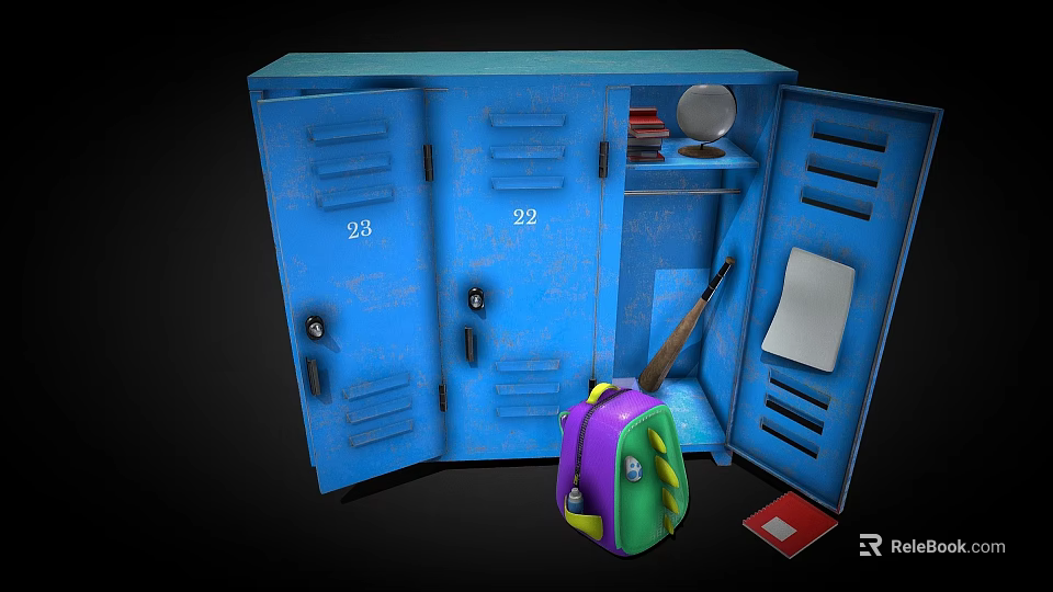 Blue Lockers With Open Doors Mirror Plates Backpack Red Card And White Paper 3d model 