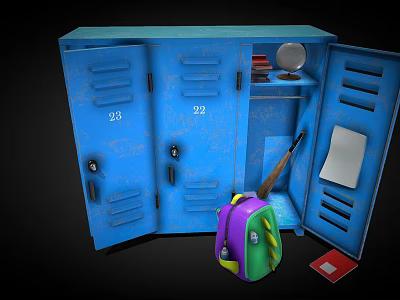 Blue Lockers With Open Doors Mirror Plates Backpack Red Card And White Paper 3d model