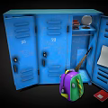 Blue Lockers With Open Doors Mirror Plates Backpack Red Card And White Paper