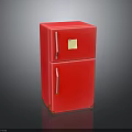Red Double Door Kitchen Refrigerator With Golden Label And Shiny Exterior
