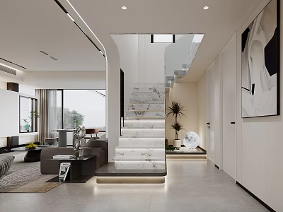 Modern Open Concept Dining and Living Room With Sofa Dining Table and Lighting 3d model