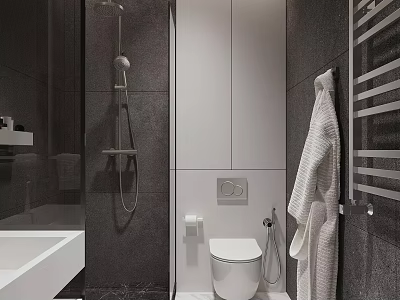 Modern Hotel Bathroom Interior With Dark Gray Walls White Toilet And Shower Fixture 3d model