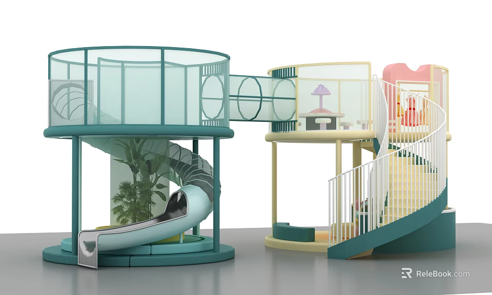 Colorful Children's Playground With Spiral Slide Transparent Fence And Yellow Stairs 3d model 