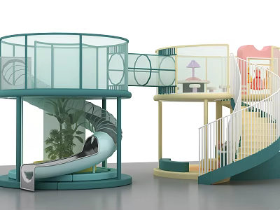 Colorful Children's Playground With Spiral Slide Transparent Fence And Yellow Stairs 3d model